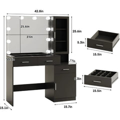 Glass Top Vanity with Mirror & RGB Lights, Black Makeup Desk, Charging Station, 5 Drawers, Adjustable Lighting, Modern Design