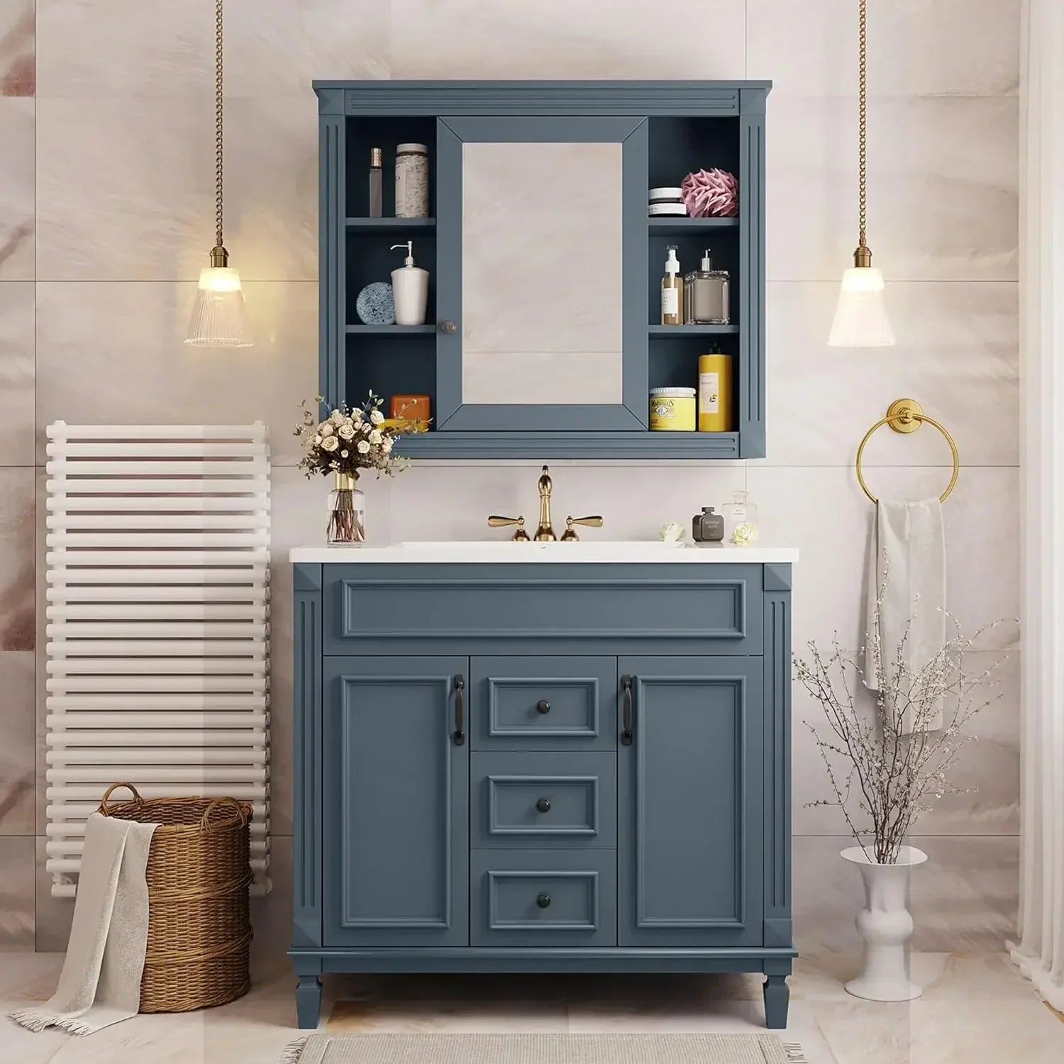 36” Bathroom Vanity with Sink – Solid Wood Frame, Integrated Sink, 2 Doors & 2 Drawers, Matching Mirror Cabinet