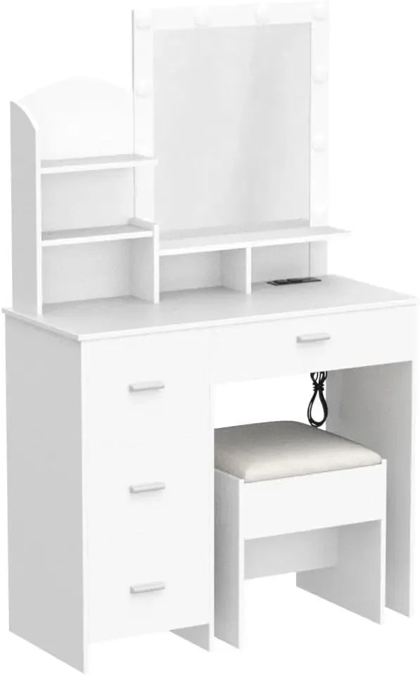 Makeup Vanity Desk with Lighted Mirror, 10 Bulbs, Charging Station & 4-Drawer Chest