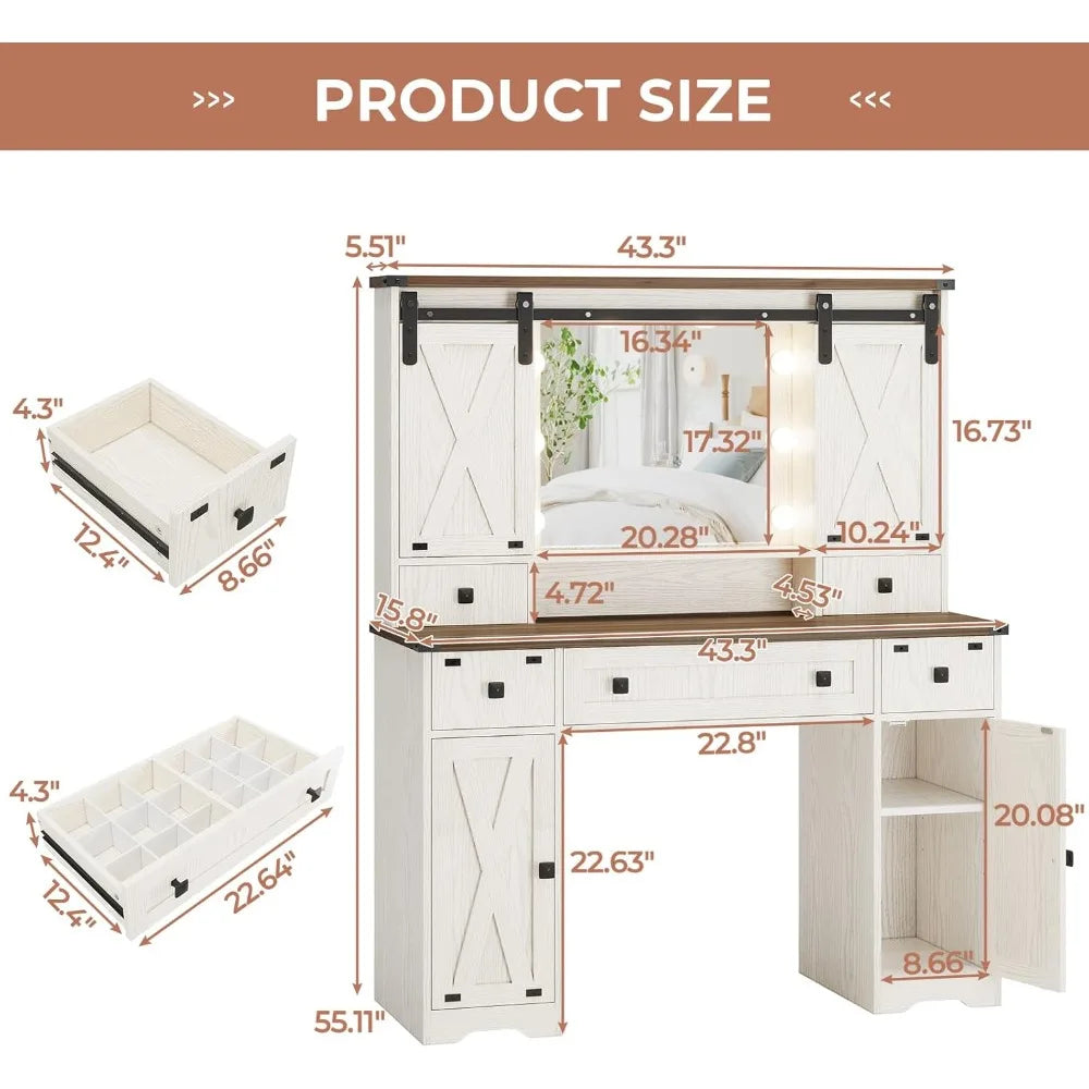 Farmhouse Makeup Vanity Desk with Lighted Mirror, Sliding Barn Door & Power Strip