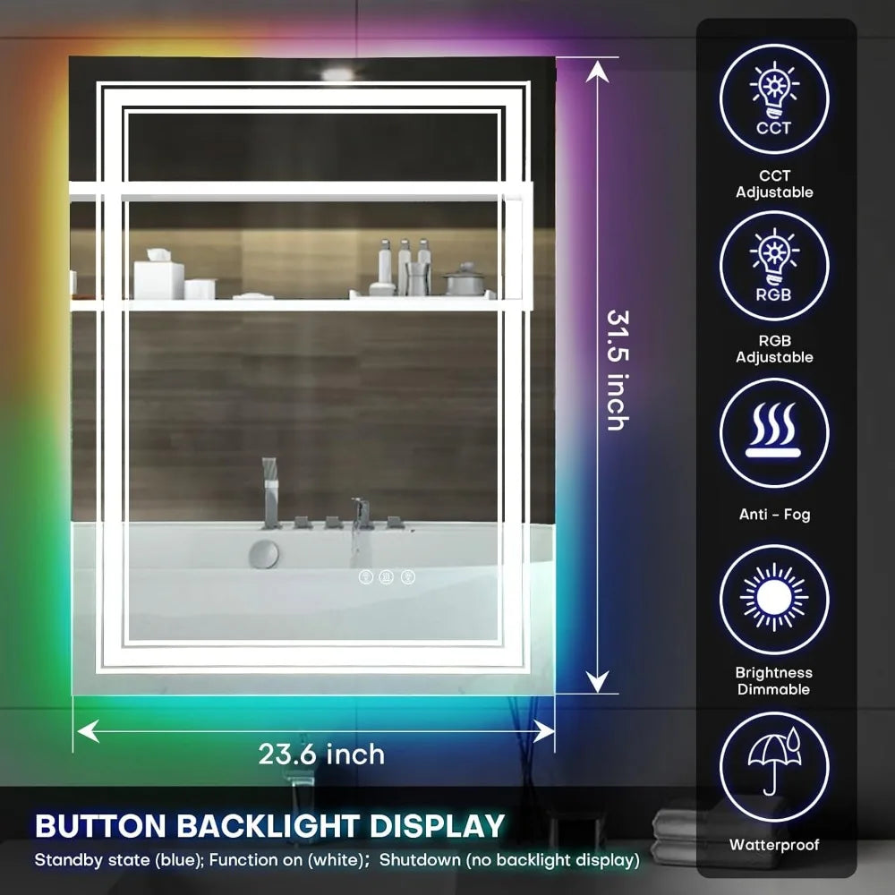 31.5"x23.6" Smart LED Bathroom Mirror – RGB Backlit & Front Lighted Vanity Mirror with Anti-Fog, Dimmable Brightness & Memory