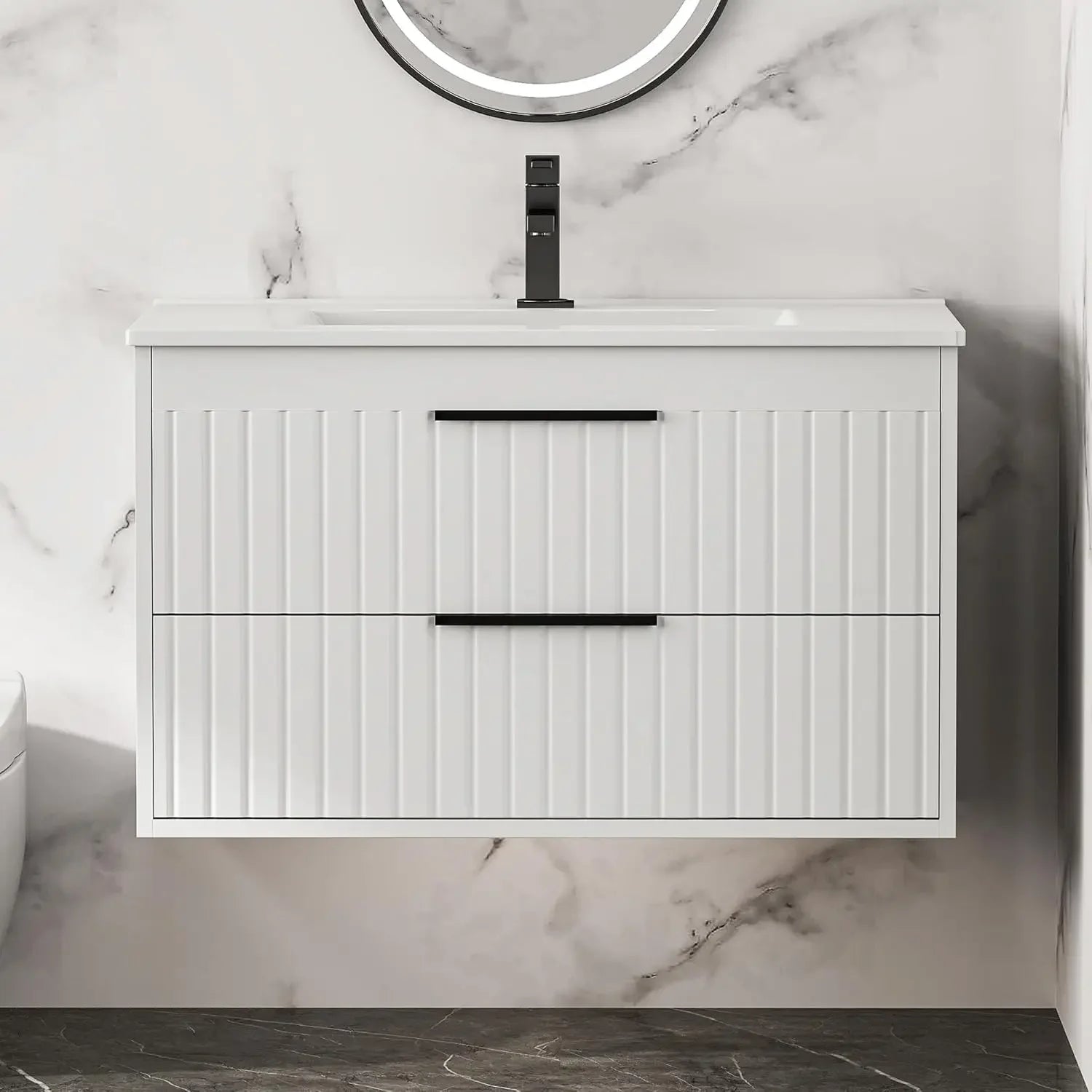 30" Floating Bathroom Vanity with Sink – Wall Mounted Cabinet with 2 Soft-Close Drawers & Modern Metal Handles