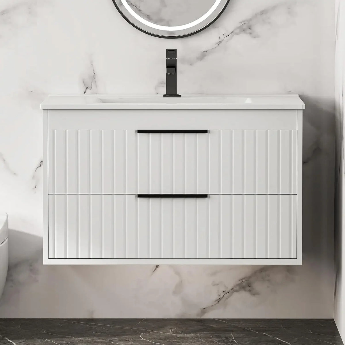 30" Floating Bathroom Vanity with Sink – Wall Mounted Cabinet with 2 Soft-Close Drawers & Modern Metal Handles