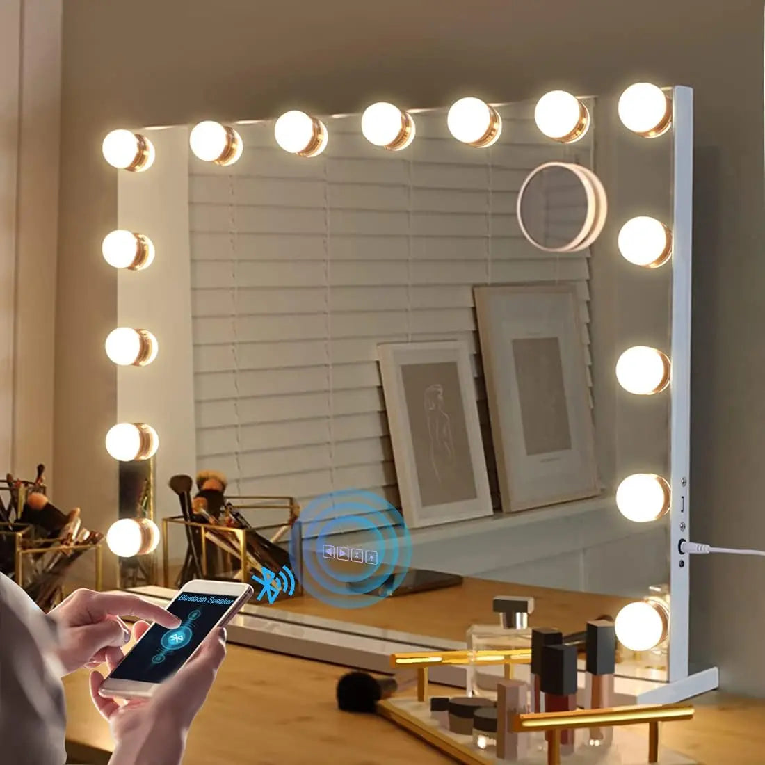 Vanity Mirror with Lights and Bluetooth Speaker Support Answer Call, Touch Screen, 3 Color Modes Tabletop 15 Dimmable Bulbs