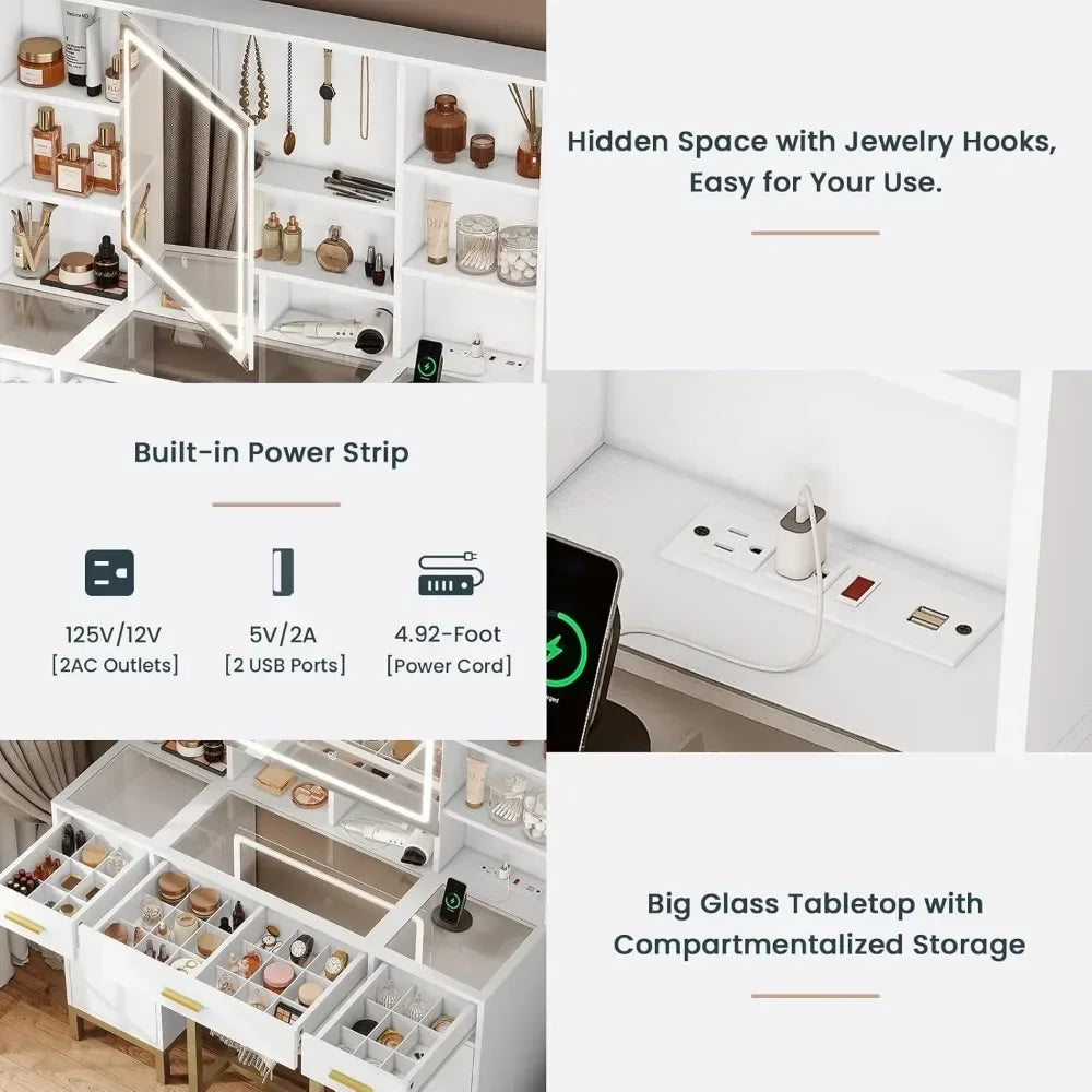 Makeup Vanity Desk with Mirror, LED Lights & Charging Station | 45" Wide White Vanity Set with Ample Storage