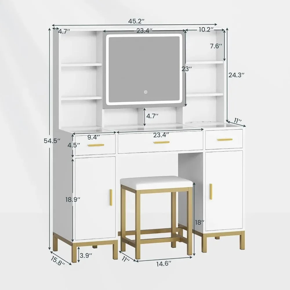 Makeup Vanity Desk with Mirror, LED Lights & Charging Station | 45" Wide White Vanity Set with Ample Storage