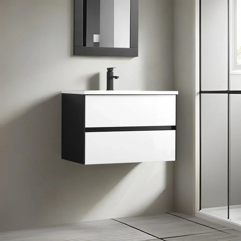 30" Floating Bathroom Vanity with Ceramic Sink & Matte Black Faucet – 2 Drawer Wall-Mounted Cabinet Combo