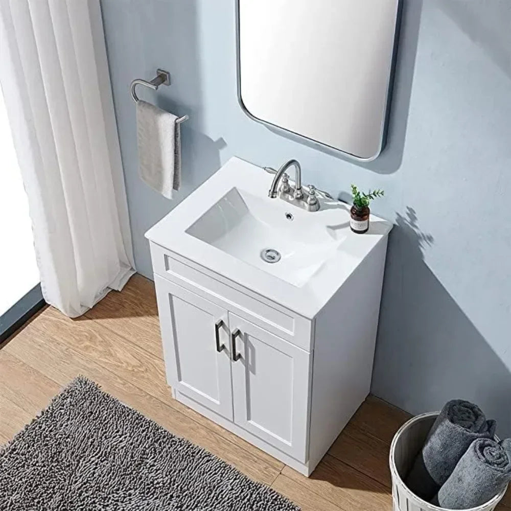 24" White Bathroom Vanity with Ceramic Sink – Modern Small Bathroom Vanity Cabinet with Double Doors