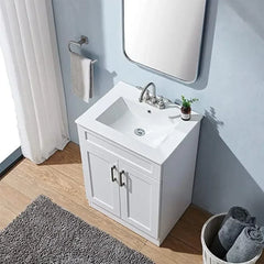24" White Bathroom Vanity with Ceramic Sink – Modern Small Bathroom Vanity Cabinet with Double Doors