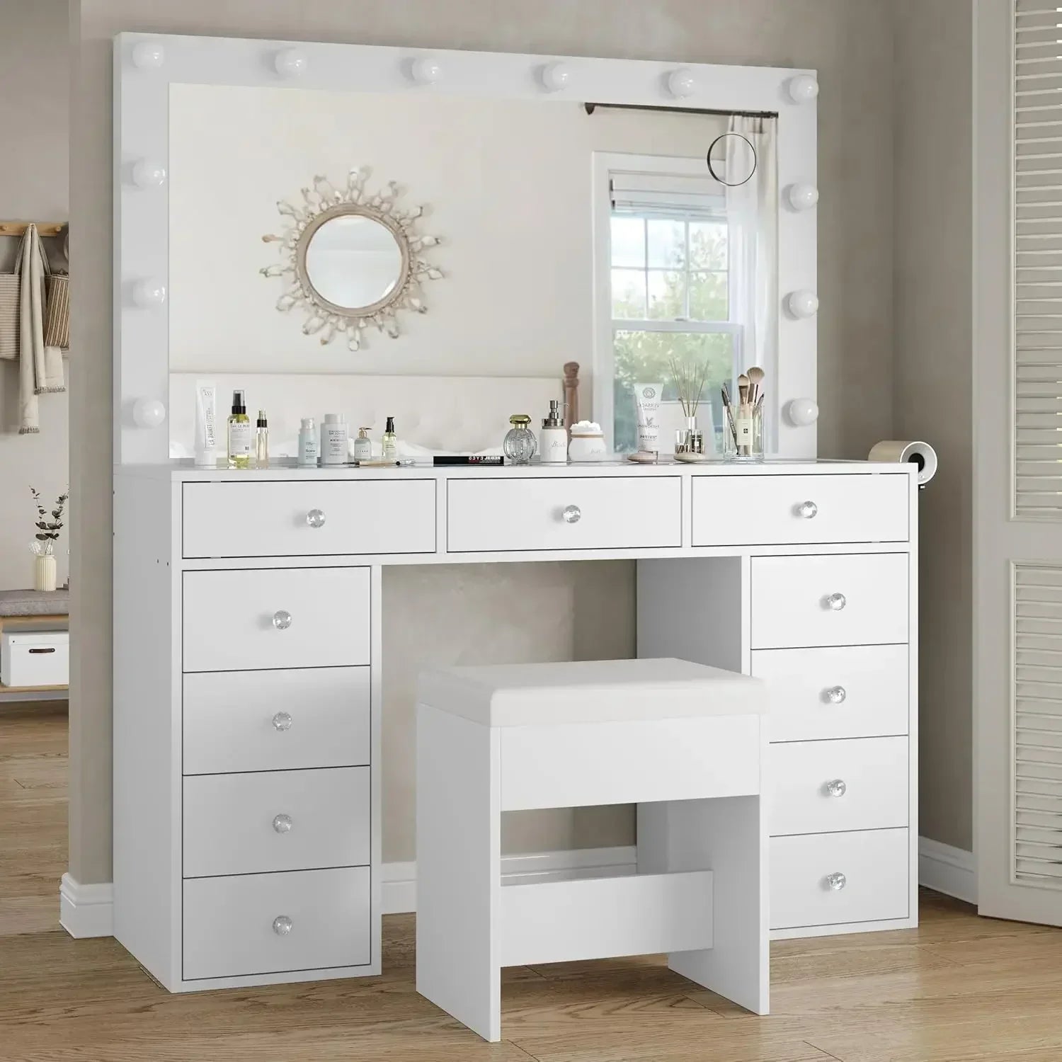 46" Vanity Desk with Mirror, 12 LED Lights, Power Outlet & Chair – 11 Drawer Makeup Table Set