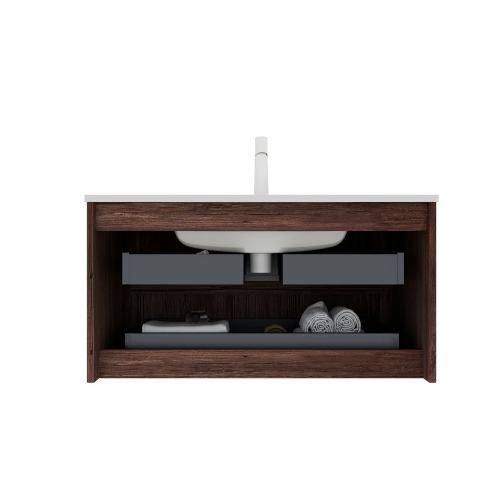 36" Wall-Mounted Bathroom Vanity with Sink, Floating Storage Cabinet with 2 Drawers & White Ceramic Basin